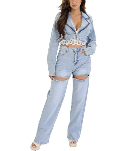 Denim Crop Jacket & Jeans w/ Rhinestones Set- 2 Pc Set image 3