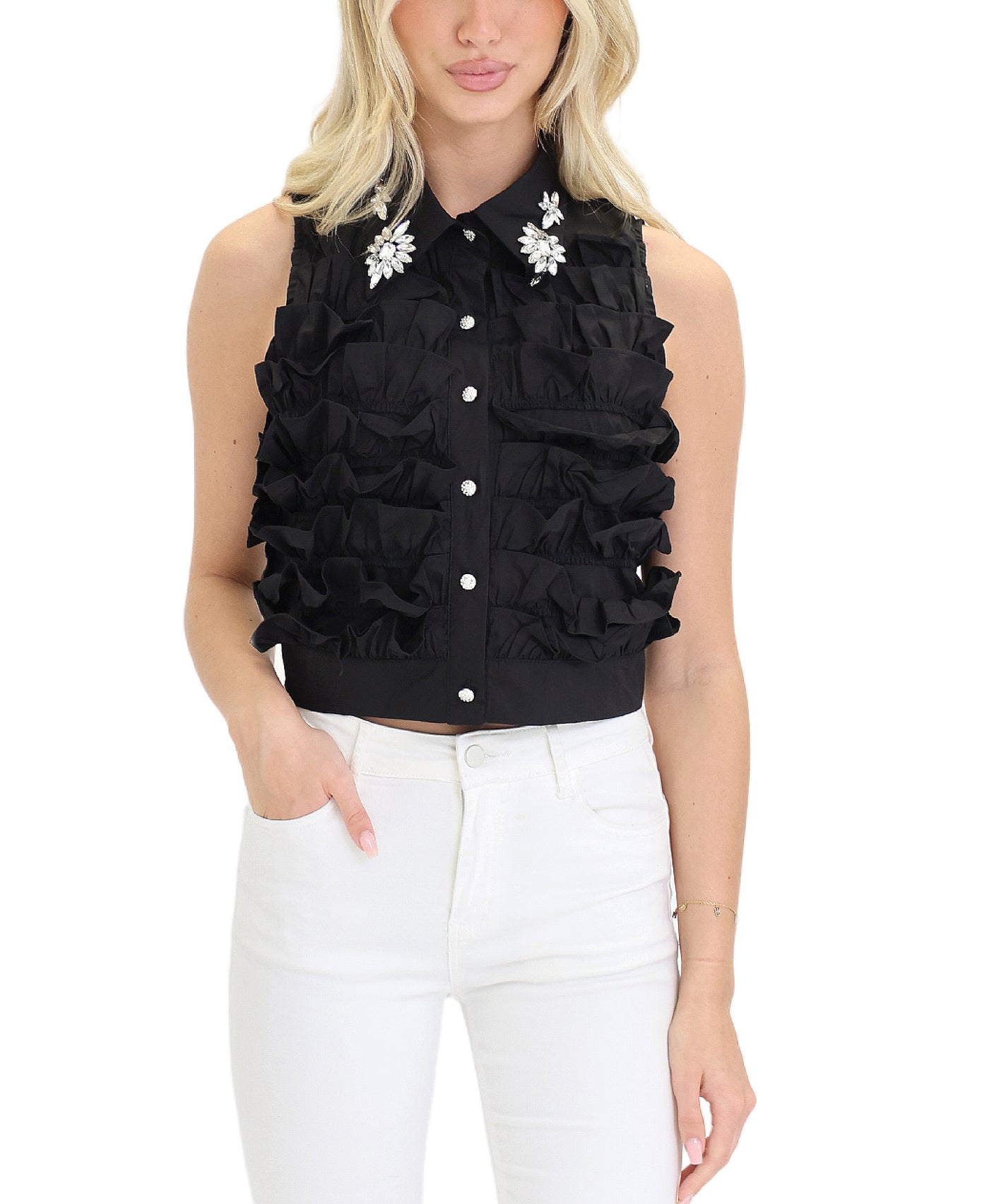 Ruffle Crop Top w/ Rhinestone Jewel Collar view 1