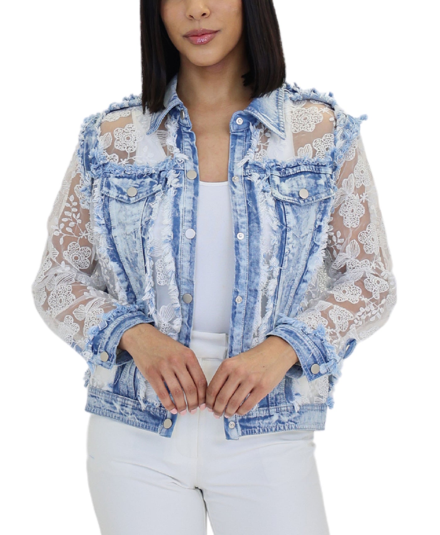 Floral Print Jacket w/ Frayed Denim view 1