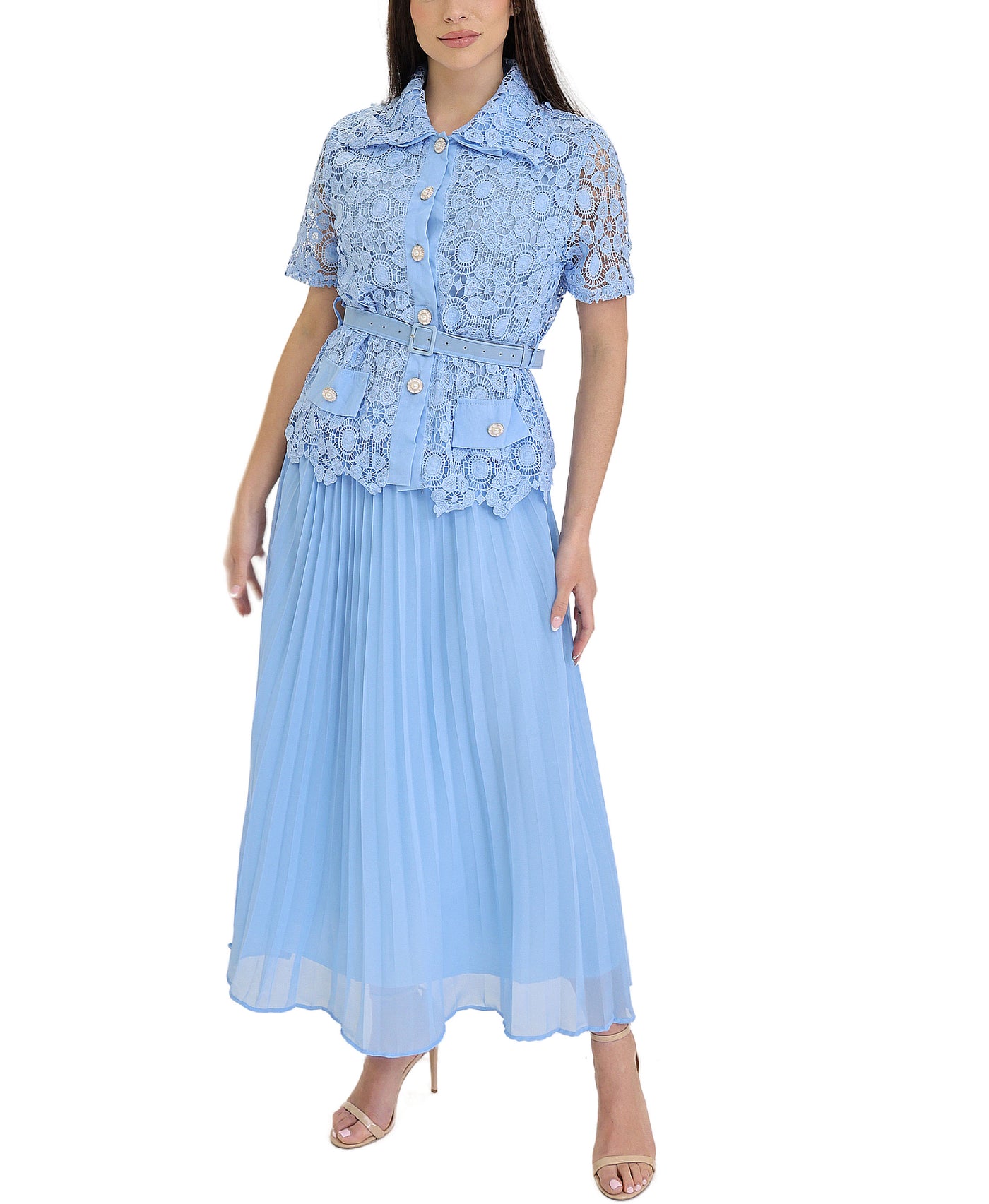 Lace Blouse w/ Pleated Maxi Skirt Set- 2 Pc Set view 1