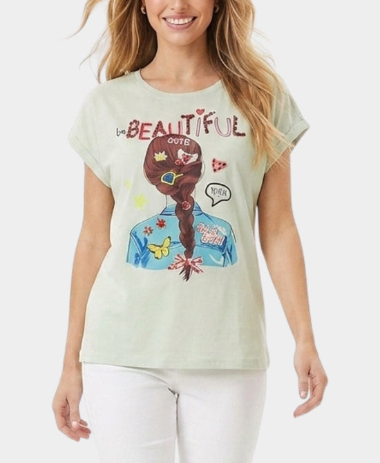 
"Be Beautiful" Tee w/ Rhinestones in MINT GREEN MULTI view 1