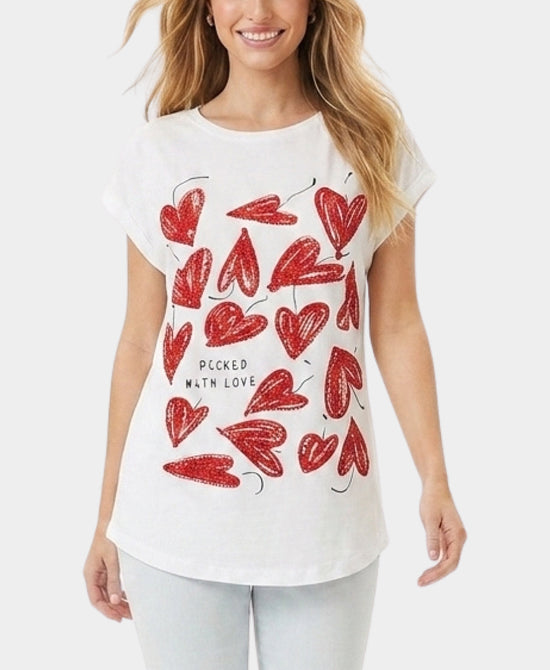 
"Picked with Love" Tee w/ Hearts & Sequins in WHITE MULTI view 1