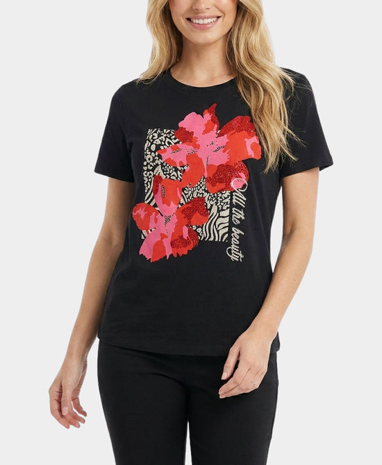 
Floral & Zebra Tee w/ Crystals in BLACK MULTI view 1