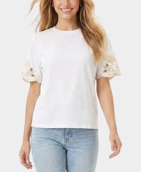 
Tee w/ Embroidered Sleeves in WHITE/BEIGE view 1