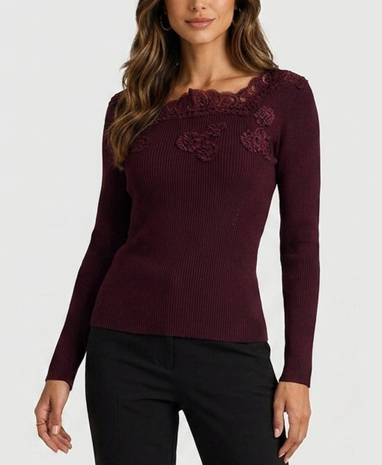 
Knit Top w/ Lace Trim in BURGUNDY view 1
