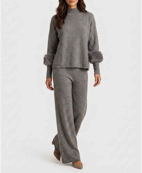
Knit Sweater w/ Faux Fur Trim & Pants - 2 Pc Set in GREY view 1