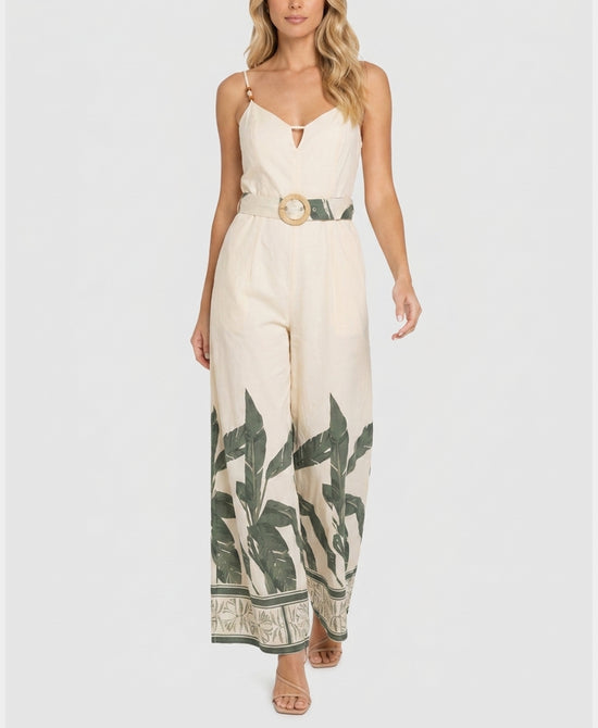
Palm Print Jumpsuit w/ Beads in CREAM/GREEN view 1