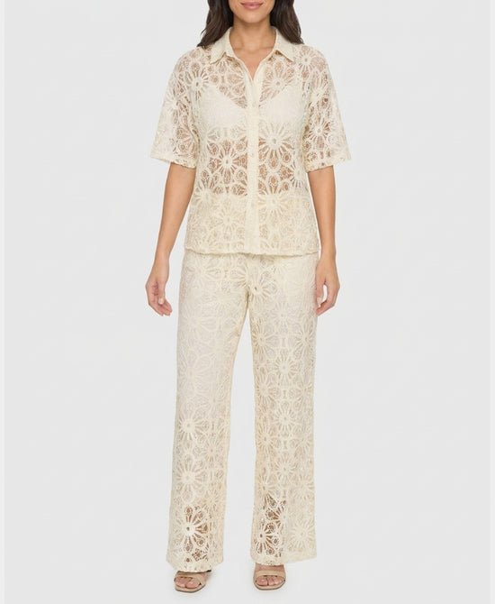 
Sheer Crochet Top & Pants - 2 Pc Set in CREAM view 1