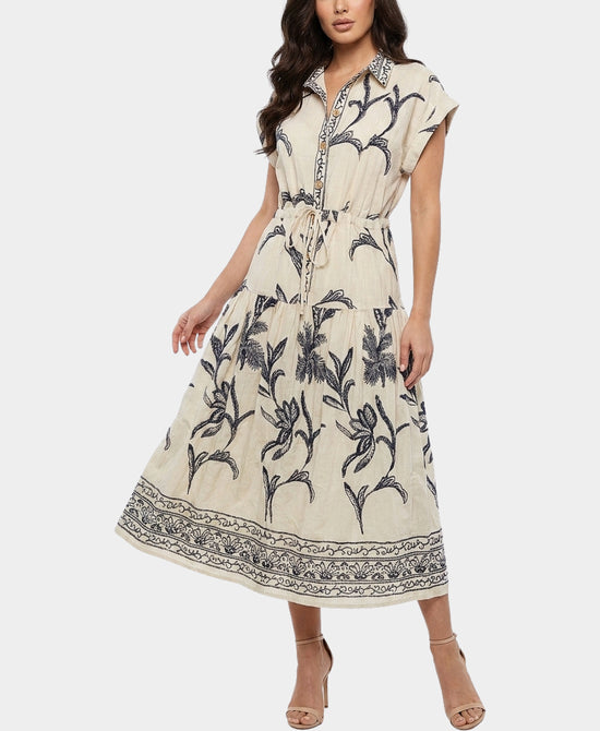 
Embroidered Midi Dress in BEIGE/NAVY view 1