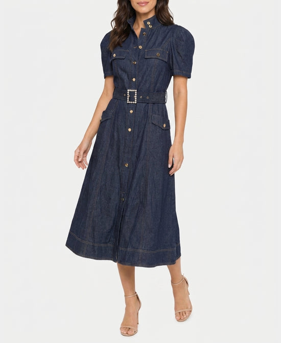 
Denim Puff Sleeve Midi Dress in DARK WASH view 1