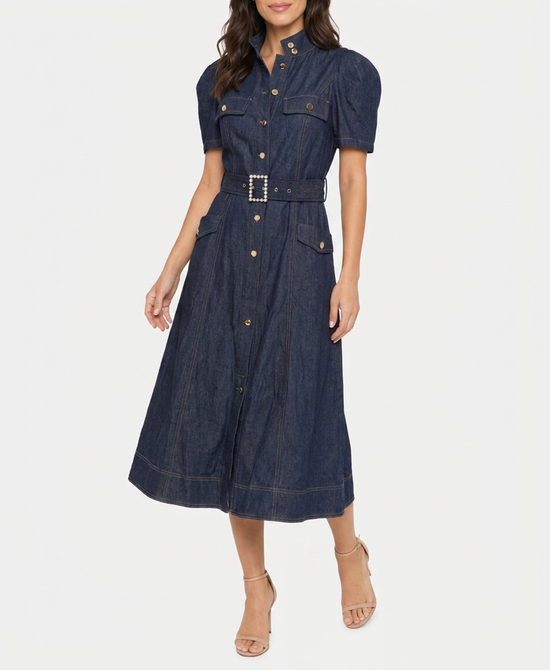 
Denim Puff Sleeve Midi Dress in DARK WASH view 1