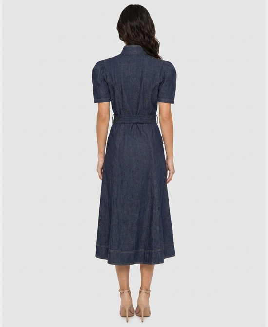 
Denim Puff Sleeve Midi Dress in DARK WASH view 2
