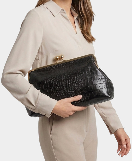 
Oversized Faux Leather Croc Print Clutch in BLACK view 2