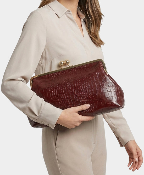 
Oversized Faux Leather Croc Print Clutch in BURGUNDY view 2