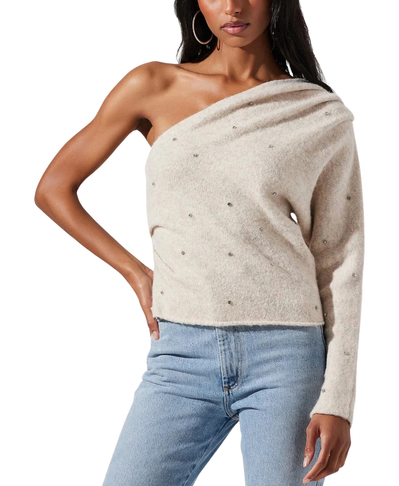 One Shoulder Sweater w/ Rhinestones view 1