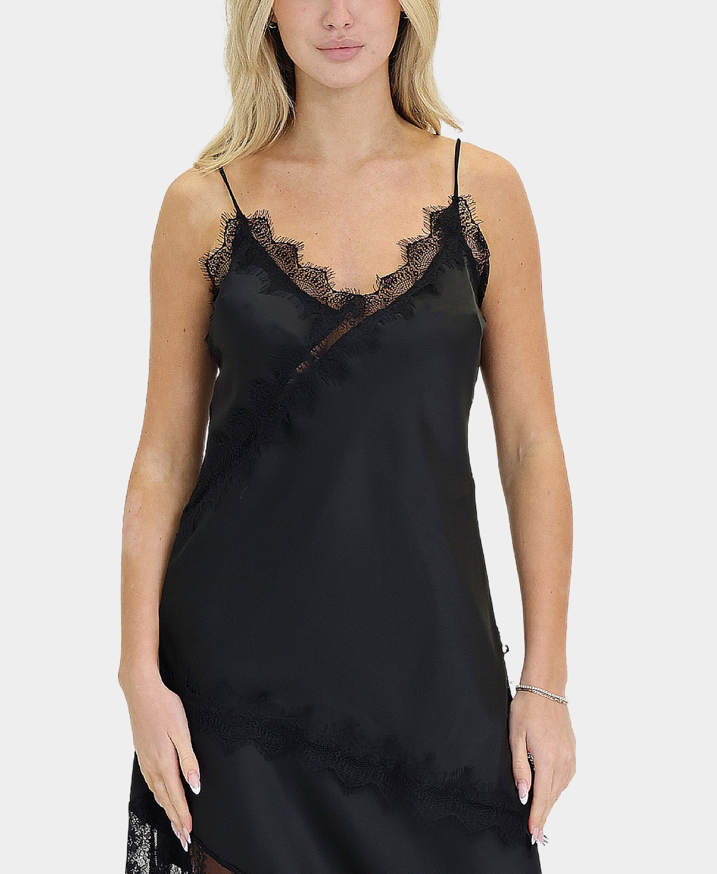 Asymmetrical Lace Trim Satin Top
