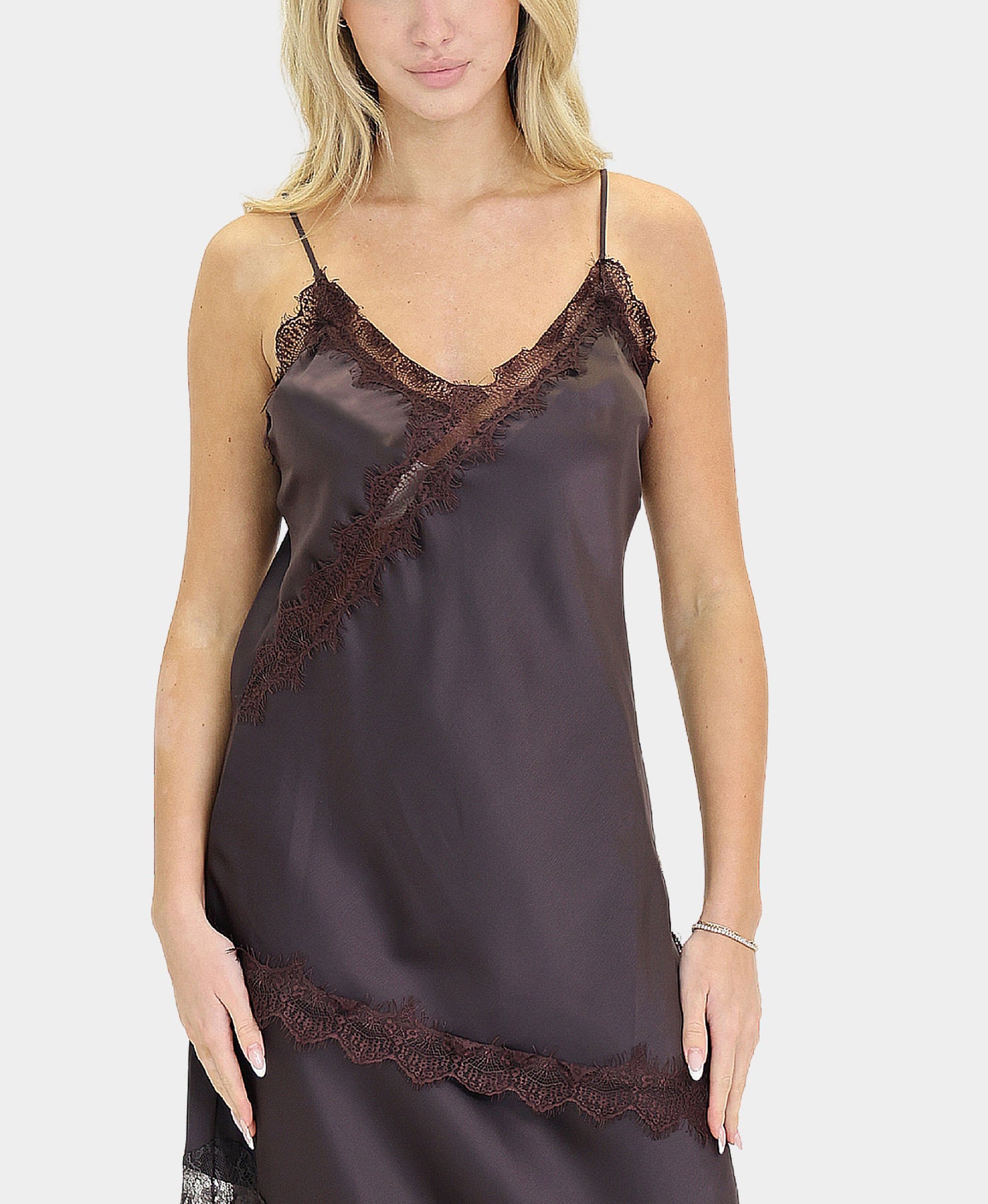 Asymmetrical Lace Trim Satin Top