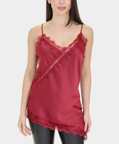 Asymmetrical Lace Trim Satin Top image 1