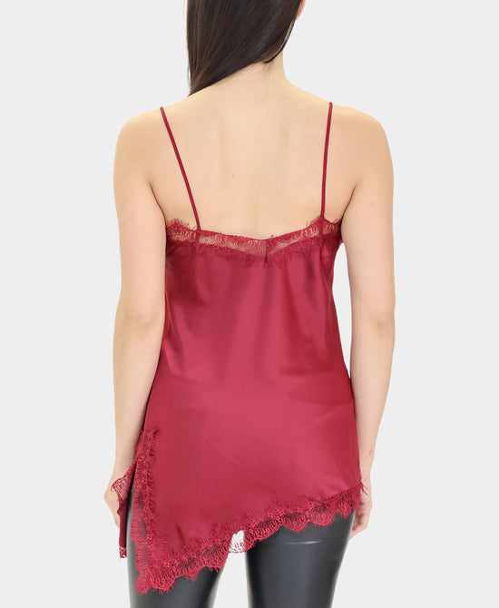 Asymmetrical Lace Trim Satin Top view 