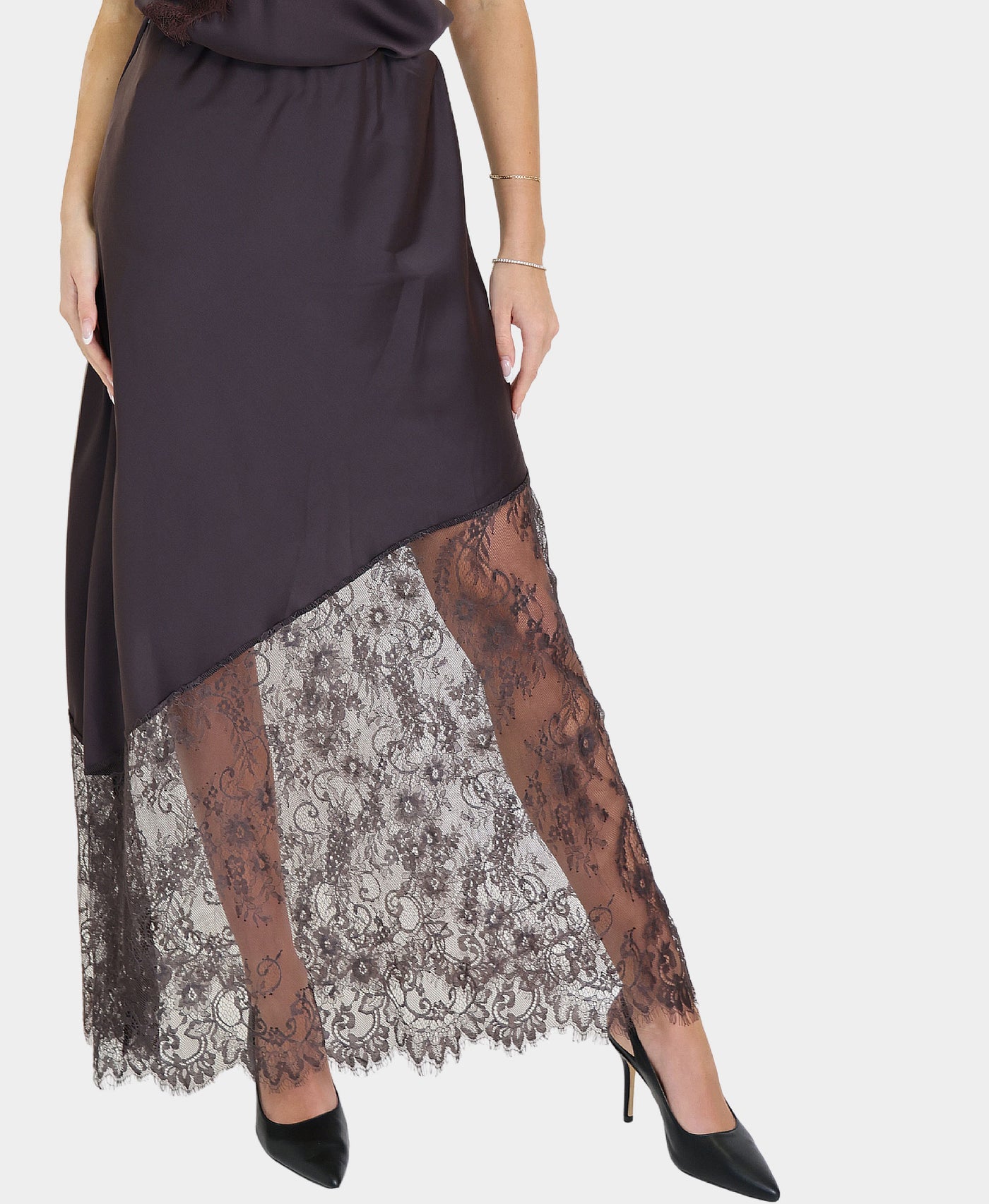 Lace Trim Satin Midi Skirt view 1