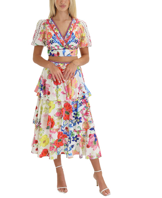 Floral Print Wrap Top & Tiered Skirt Set- 2 Pc Set view 1