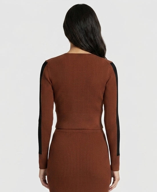 
Cropped Knit Ribbed Cardigan in RUST MULTI view 2