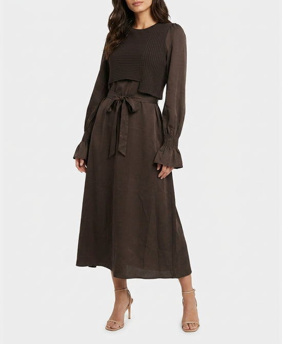 
Knit Combo Midi Dress in DARK BROWN view 1