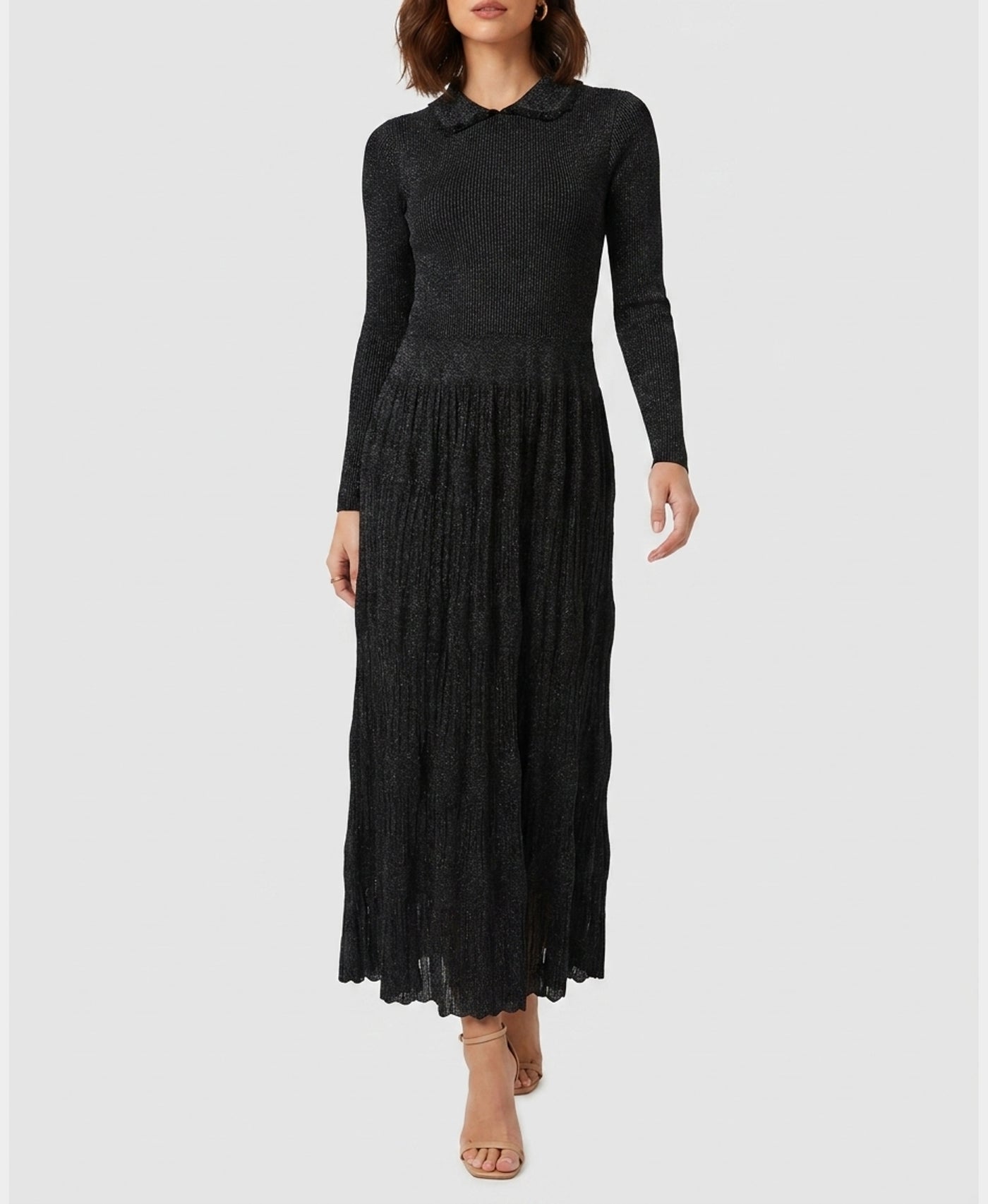 Metallic Knit Midi Dress w/ Pleated Bottom – FOX'S