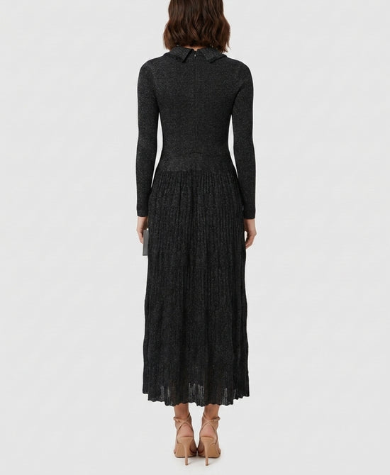 
Metallic Knit Midi Dress w/ Pleated Bottom in METALLIC BLACK view 2