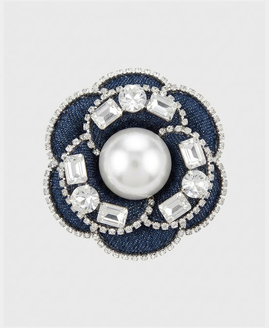 
Denim Rosette Faux Pearl Brooch/Hairclip w/ Crystals in DARK DENIM view 2