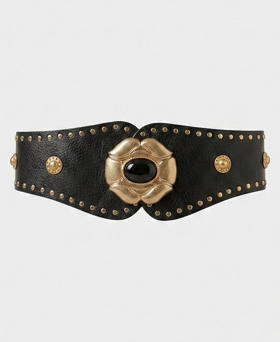 
Faux Leather Stretch Belt w/ Studs & Flower Buckle in BLACK/GOLD view 2