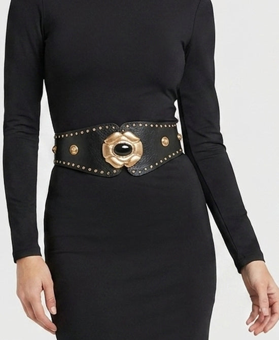 
Faux Leather Stretch Belt w/ Studs & Flower Buckle in BLACK/GOLD view 1