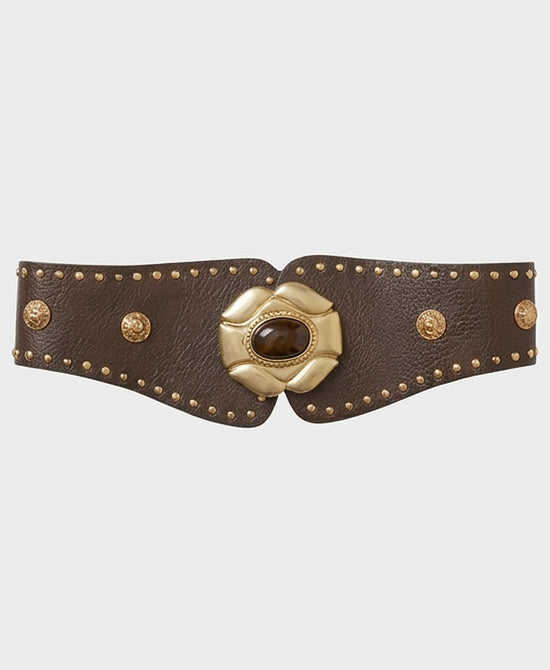 
Faux Leather Stretch Belt w/ Studs & Flower Buckle in BROWN/GOLD view 2