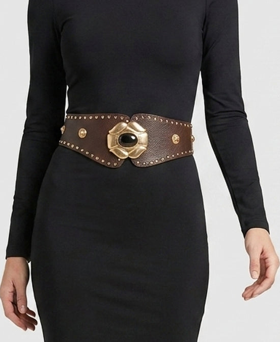 
Faux Leather Stretch Belt w/ Studs & Flower Buckle in BROWN/GOLD view 1