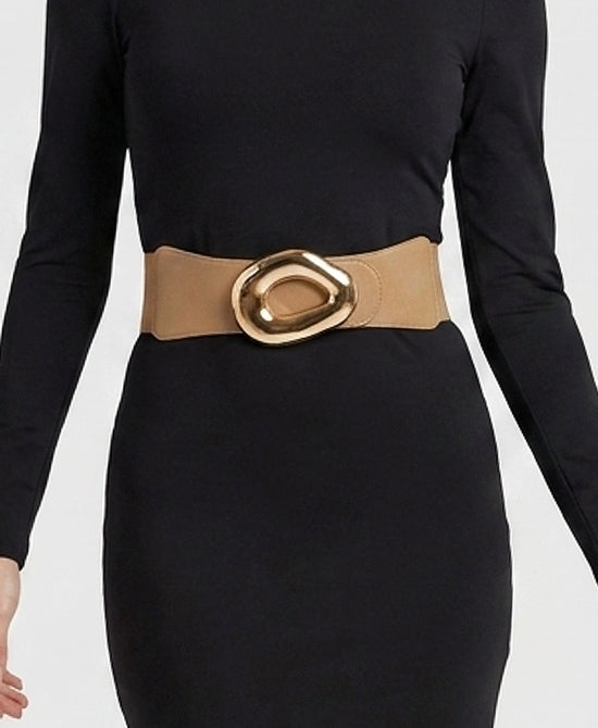 
Faux Leather Stretch Belt w/ Gold Buckle in DARK BEIGE view 1