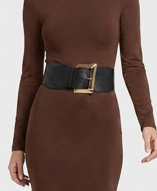 
Faux Leather Stretch Belt w/ Square Buckle in BLACK/GOLD view 1