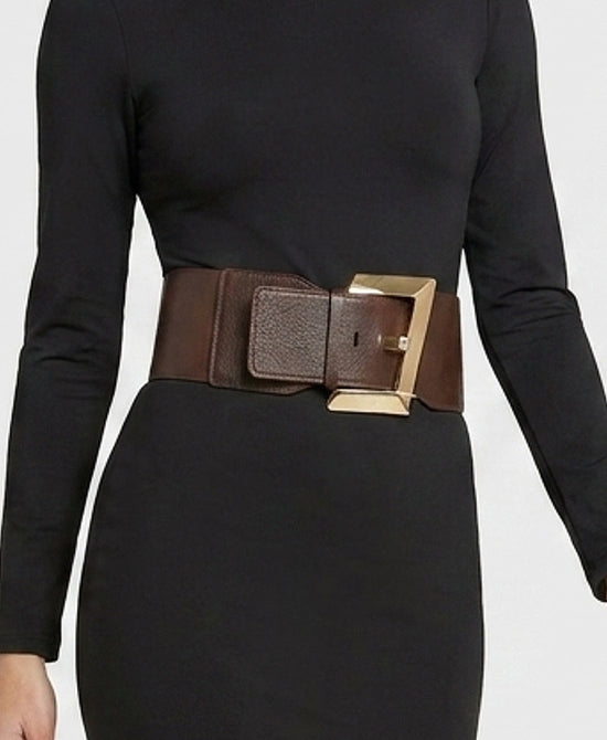 
Faux Leather Stretch Belt w/ Square Buckle in BROWN/GOLD view 1