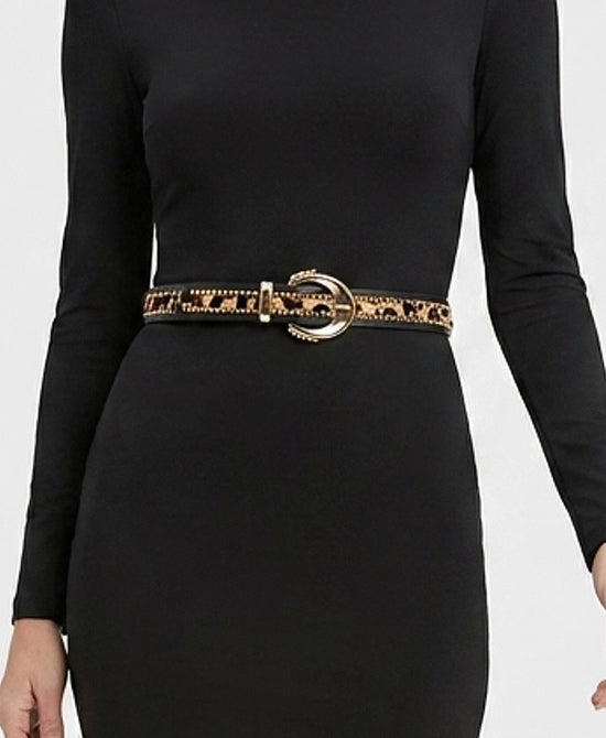 
Faux Leather Belt w/ Leopard Print & Studs in BLACK MULTI view 1