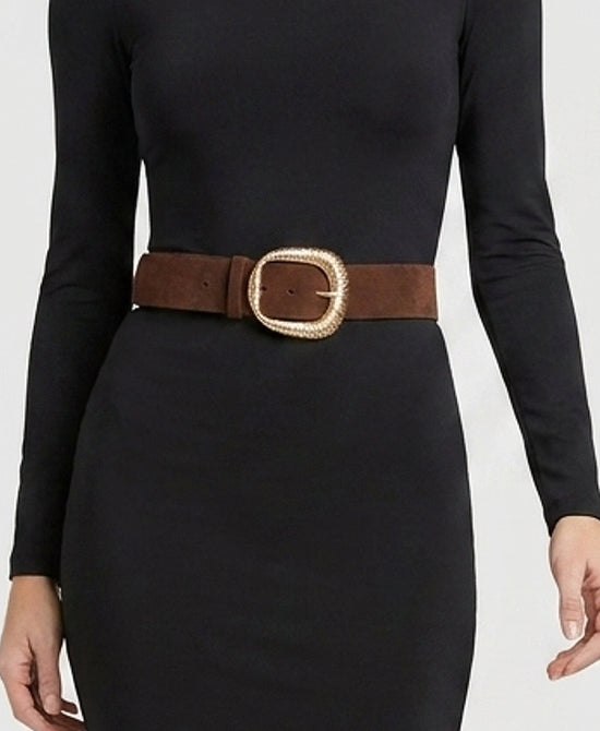 
Faux Suede Belt w/ Textured Buckle in DARK BROWN view 1