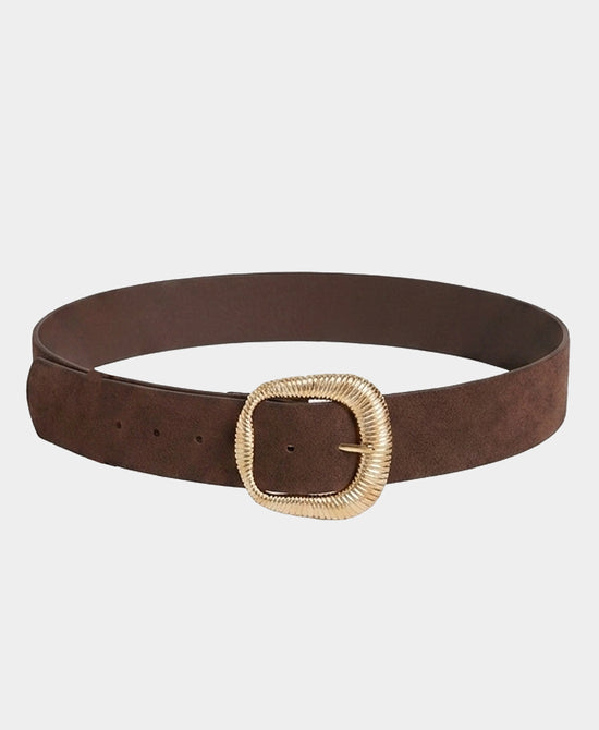 
Faux Suede Belt w/ Textured Buckle in DARK BROWN view 2