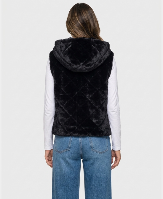 
Faux Fur Diamond Pattern Hooded Vest in BLACK view 2