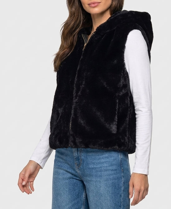 
Faux Fur Diamond Pattern Hooded Vest in BLACK view 1