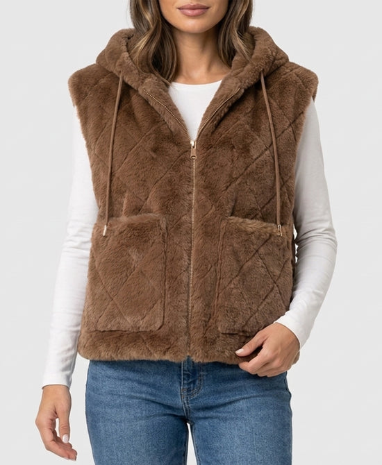 
Faux Fur Diamond Pattern Hooded Vest in TAUPE view 1