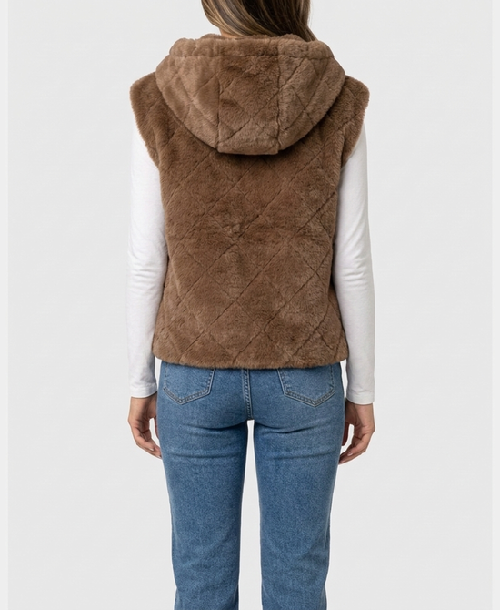 
Faux Fur Diamond Pattern Hooded Vest in TAUPE view 2