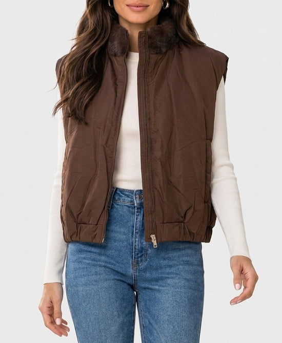 
Reversible Down Vest w/ Faux Fur Trim in BROWN view 2