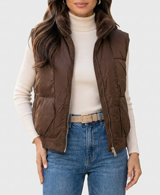 
Reversible Down Vest w/ Faux Fur Trim in BROWN view 1