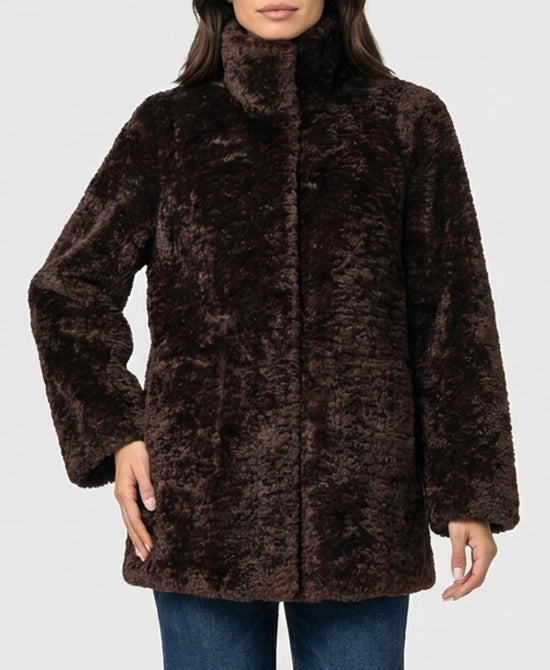 
Reversible Faux Fur & Faux Leather Coat in BROWN view 1