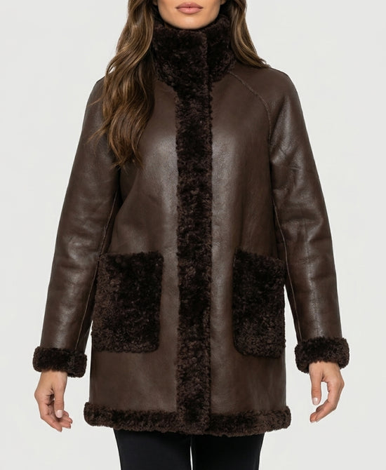 
Reversible Faux Fur & Faux Leather Coat in BROWN view 2