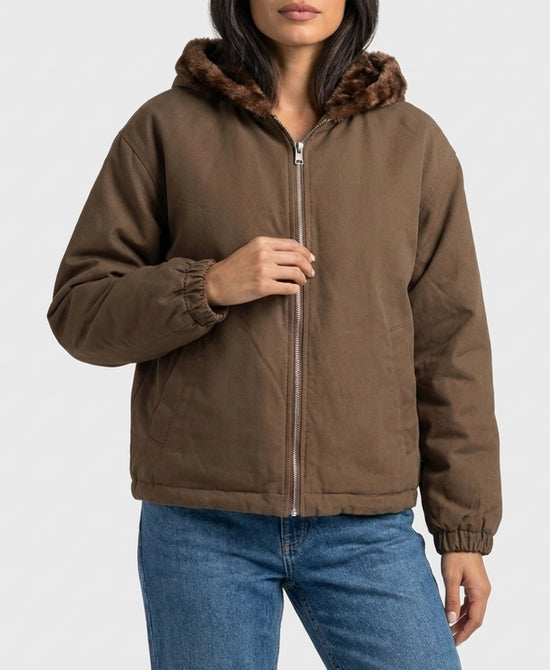 
Reversible Faux Fur Hooded Jacket in BROWN view 1