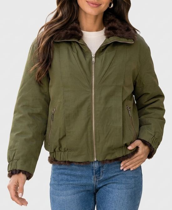 
Reversible Faux Fur Jacket in OLIVE view 1